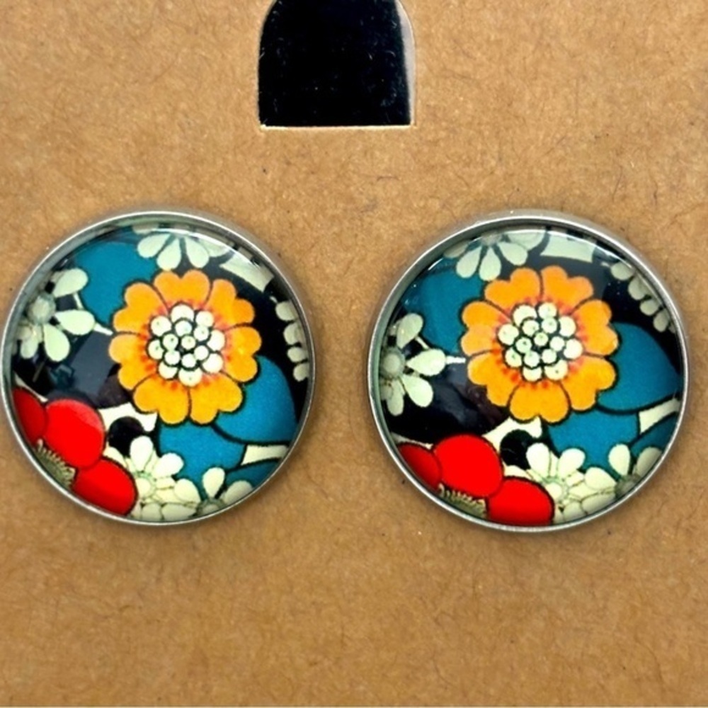Bohemian Floral Print Stainless Steel Stud Earrings, NWT, Handmade, 20mm